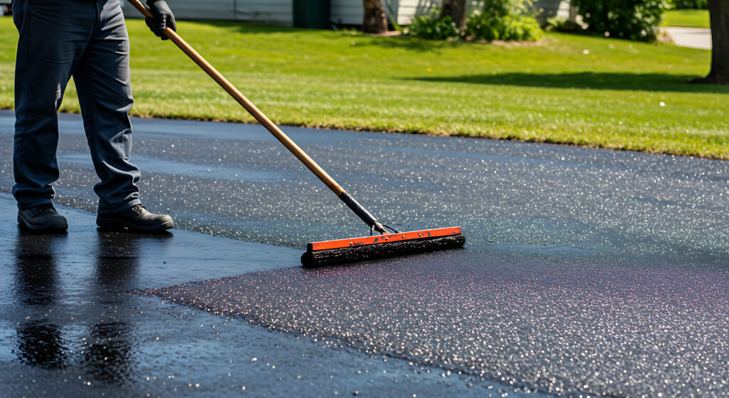Worker Applying Sealant to Asphalt Driveway