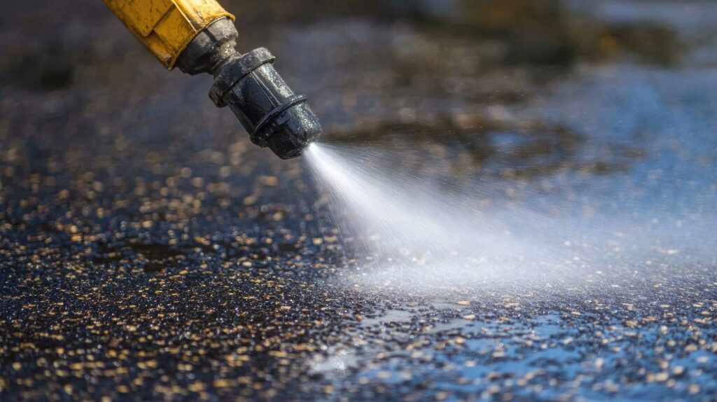 Road services clean asphalt surfaces by spraying water